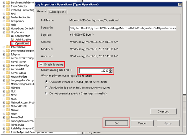 Application and Services Logs / Microsoft / Windows / IIS-Configuration/Operational event log 
